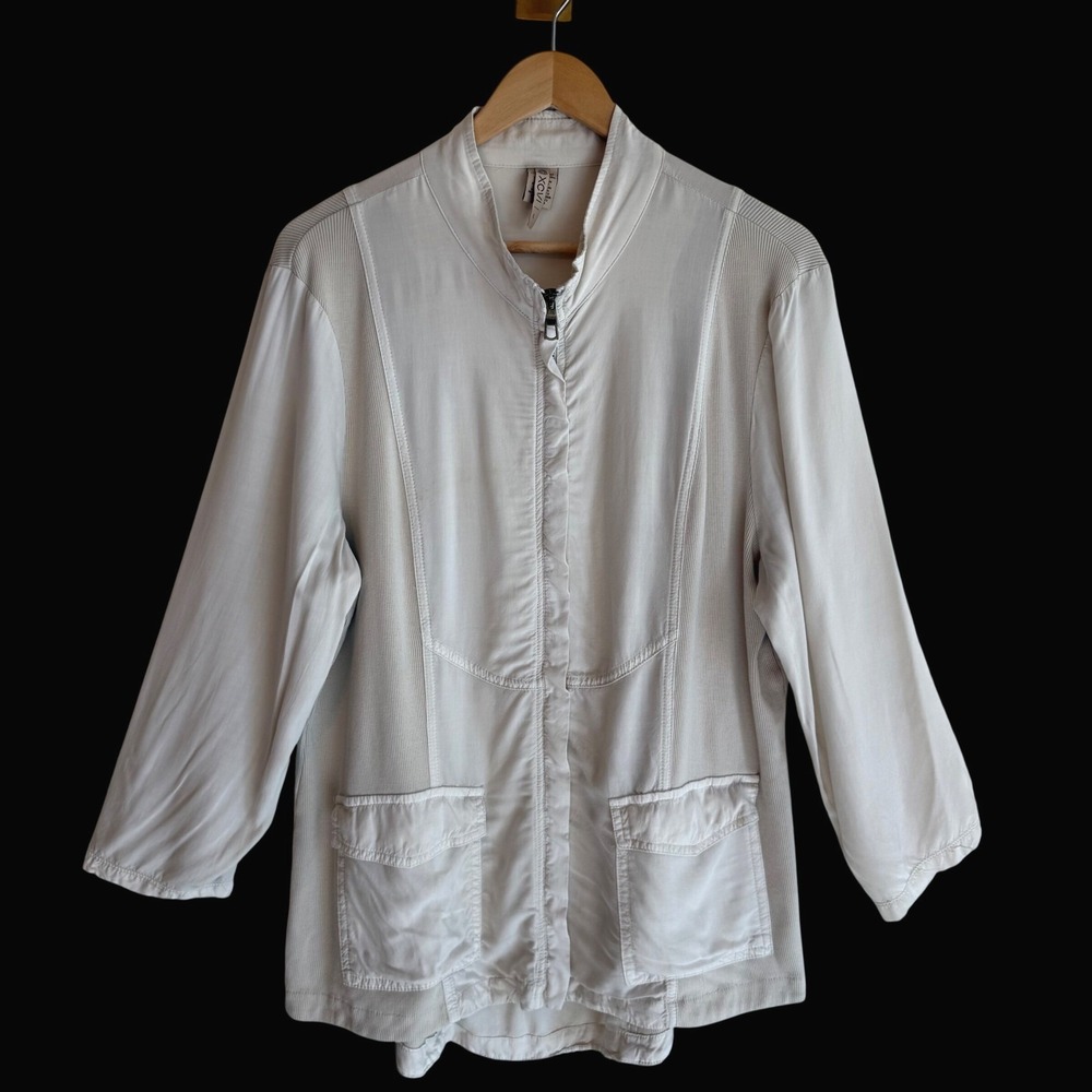 XCVI Zip Up Utility Jacket Large Ivory Ribbed Mixed Media Lagenlook Coastal